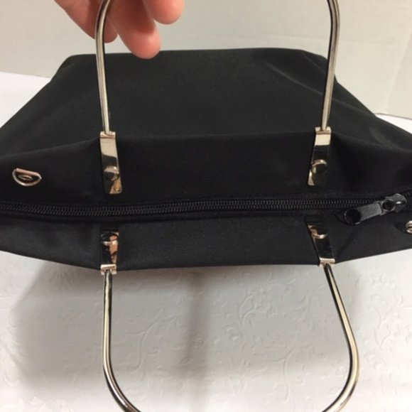 Black Nylon Mini Zip Tote Bag with Silver Toned Metal Handles 8"x9" - Picture 6 of 13